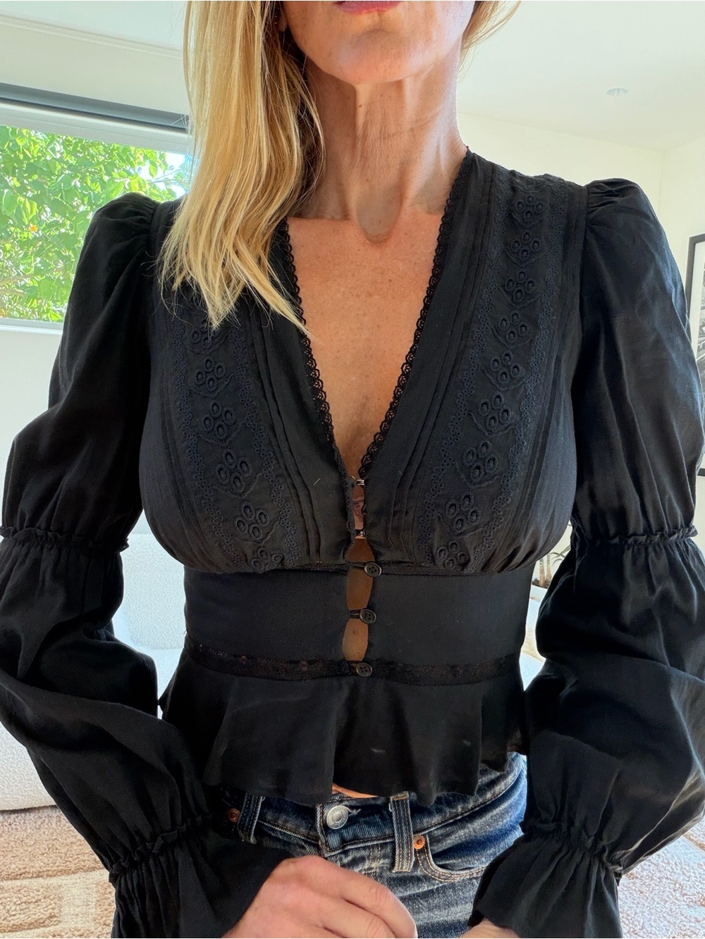 Reformation. Black Long-Sleeve V-Neck Button Front Women's Top